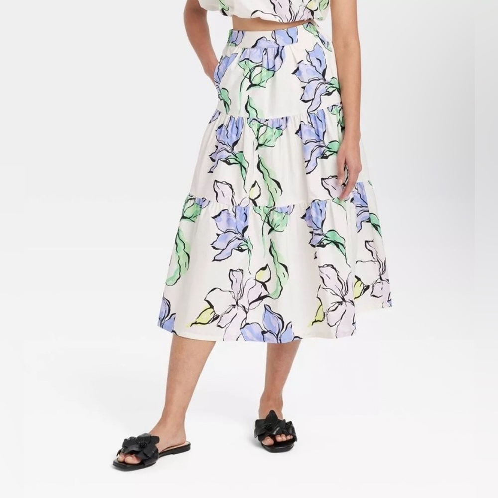 A New Day Floral Tiered Midi Skirt XS Extra Small White Cream & Purple Print